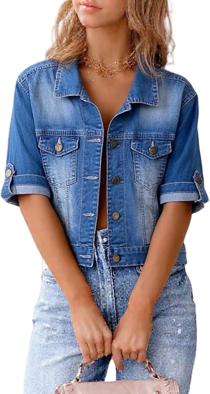 Women's Cropped Short Sleeve Denim Jacket Washed Blue