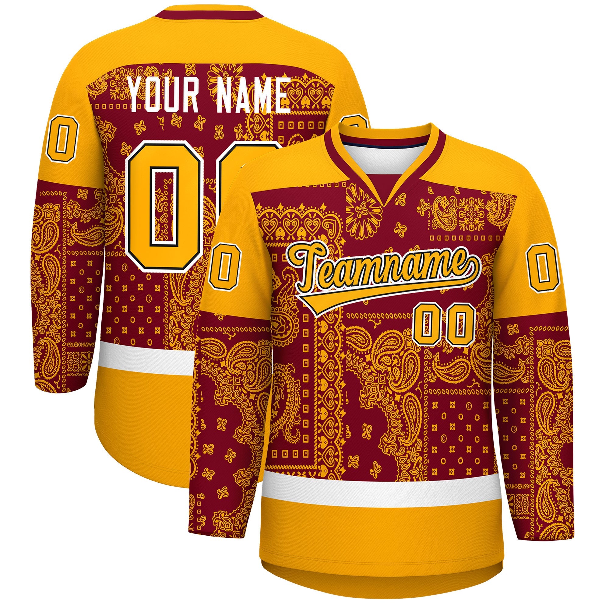 Custom Yellow Crimson White Cashew Flower Graffiti Pattern V-Neck Hockey Jersey