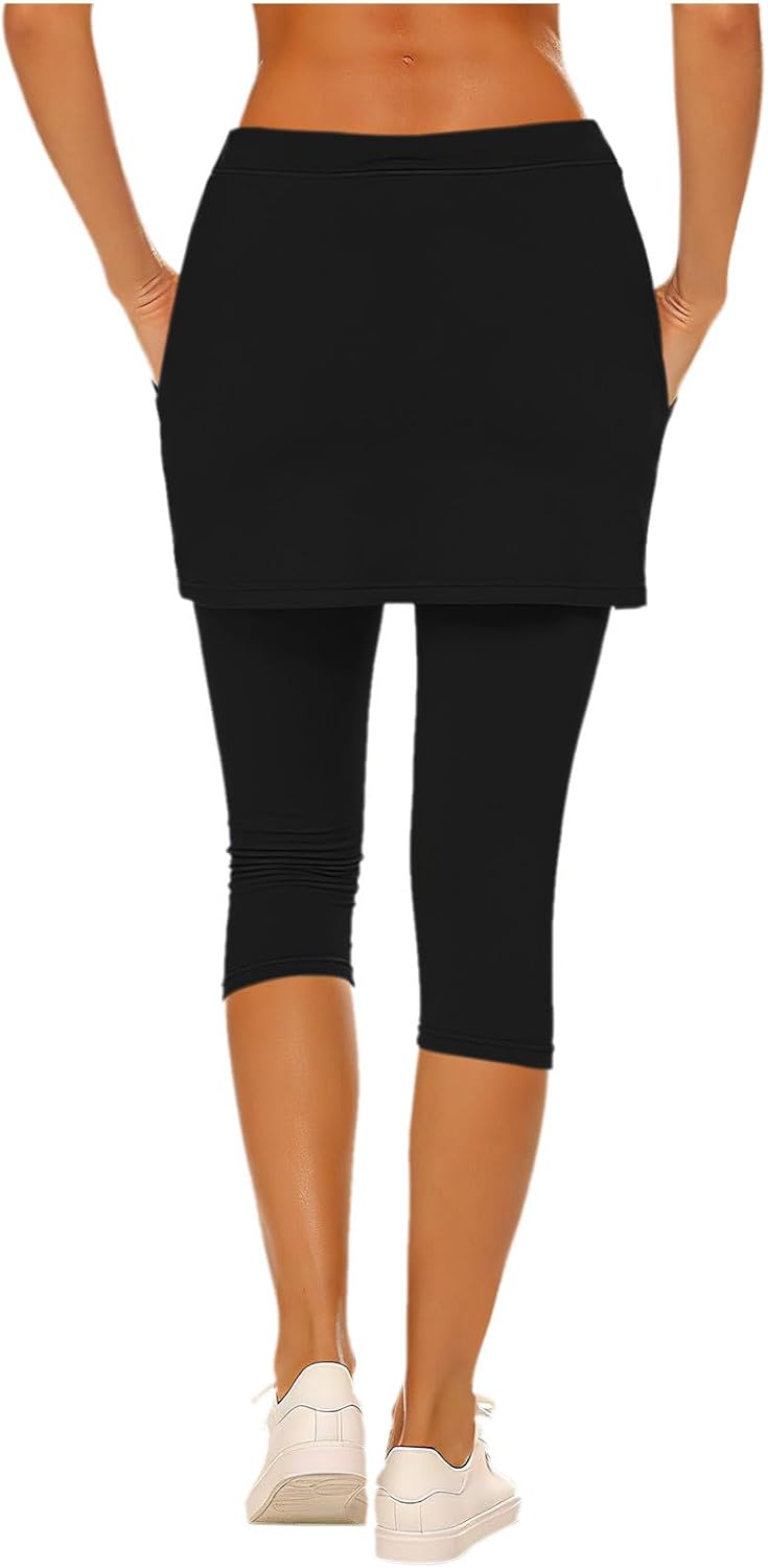 Skirted Leggings for Women with Pockets Stretch Capri Yoga Pants Tennis Golf Skorts Athletic Skirt Active Clothes