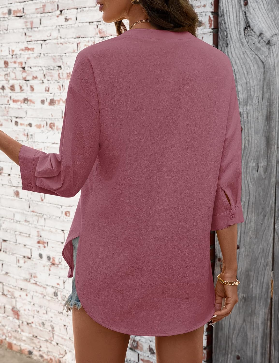 Women's Cotton Linen Shirt 3/4 Sleeve V Neck Rose