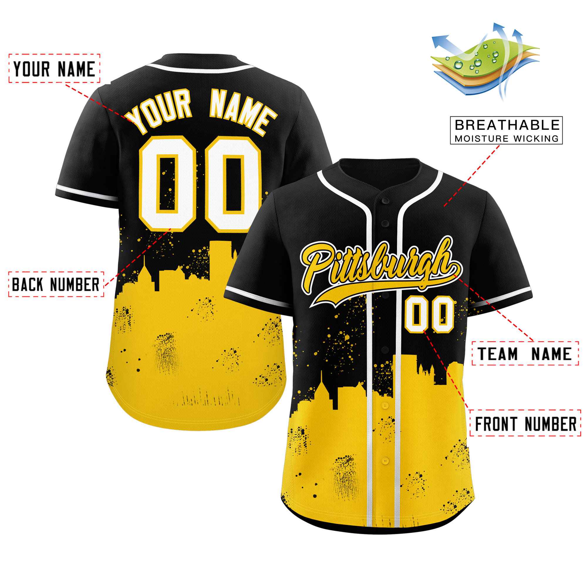 Benutzerdefinierte schwarz gelb personalisierte authentische Pittsburgh City Nightscape Baseball Jersey Benutzerdefinierte schwarz gelb personalisierte authentische Pittsburgh City Nightscape Baseball Jersey