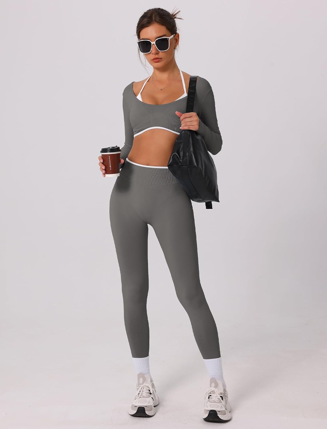 2 Piece Workout Sets for Women Contrast Panel Long Sleeve Halter Crop Top and High Waist Leggings Jogger Outfits