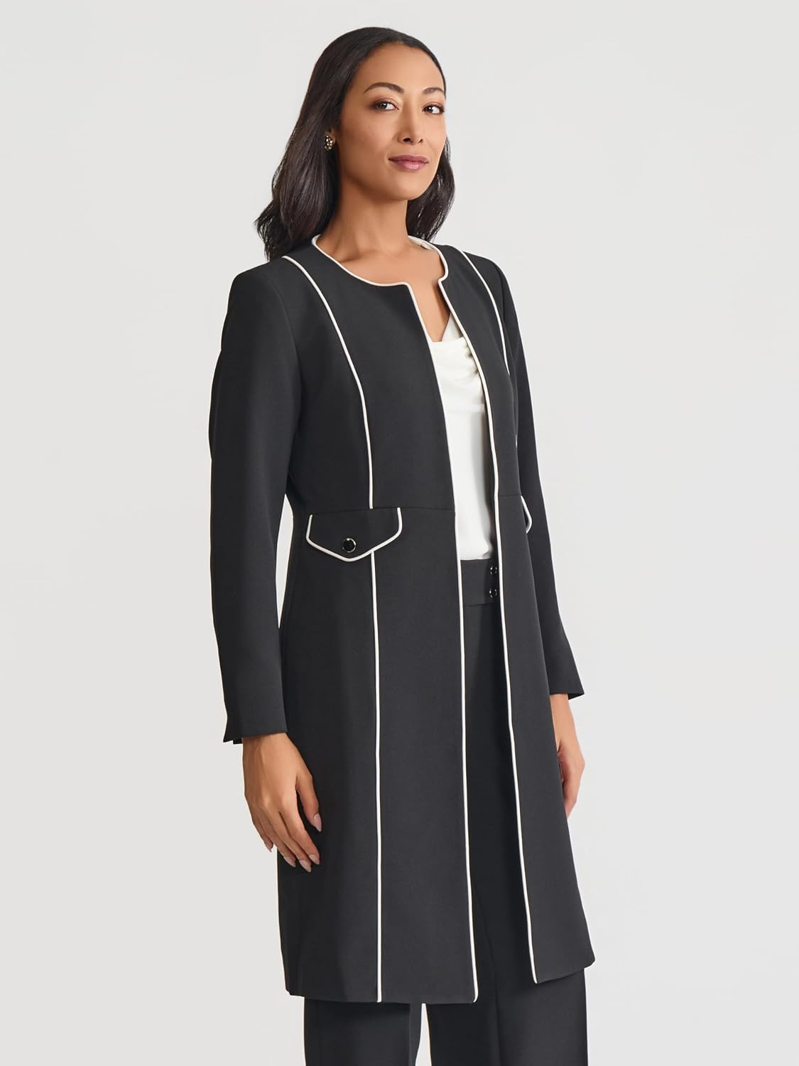 Women's Piping Trim Longline Topper Coat Black