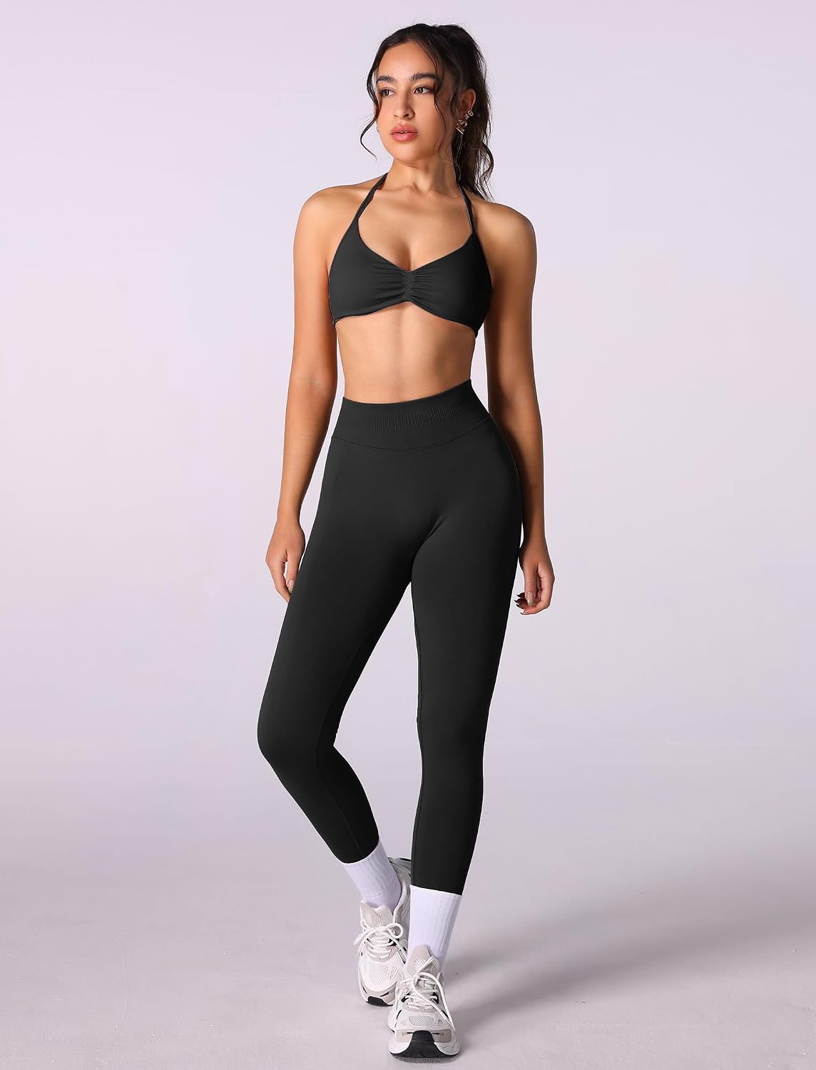Women's Seamless Halter Bra Scrunch Leggings Gym Set Blue