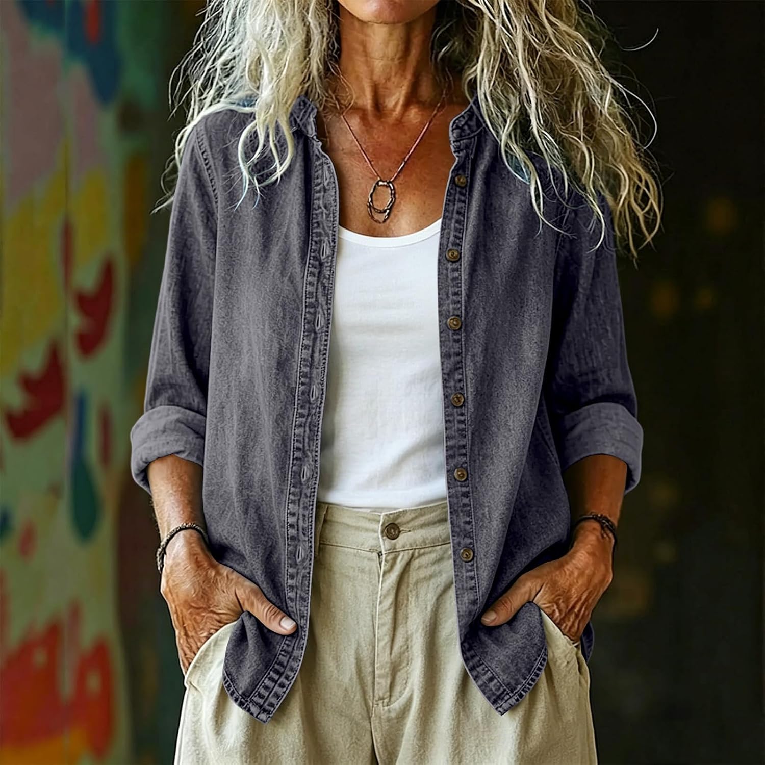 Jean Shirts for Women Vintage V Neck Button down Denim Blouses Dressy Long Sleeve Tops Ripped Distressed Shirt Jackets Breathable Relaxed Fit Cardigan