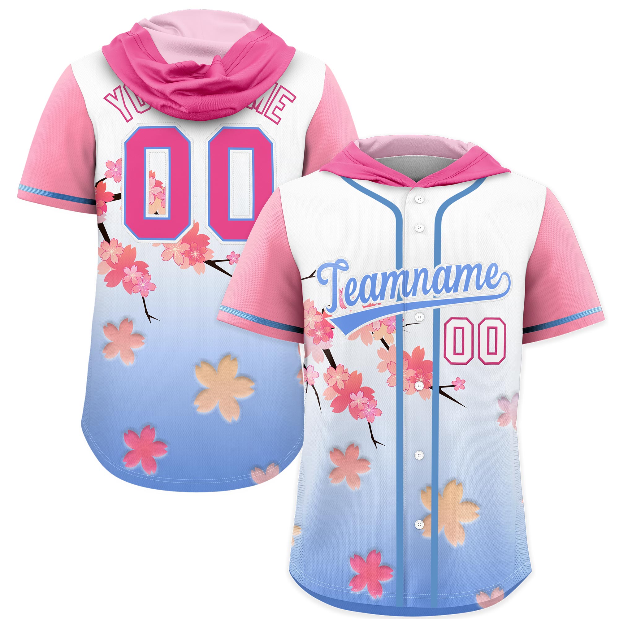 Benutzerdefiniertes Kirschblüten-Raglanärmel-atmungsaktives Baseball-Kapuzentrikot Benutzerdefiniertes Kirschblüten-Raglanärmel-atmungsaktives Baseball-Kapuzentrikot