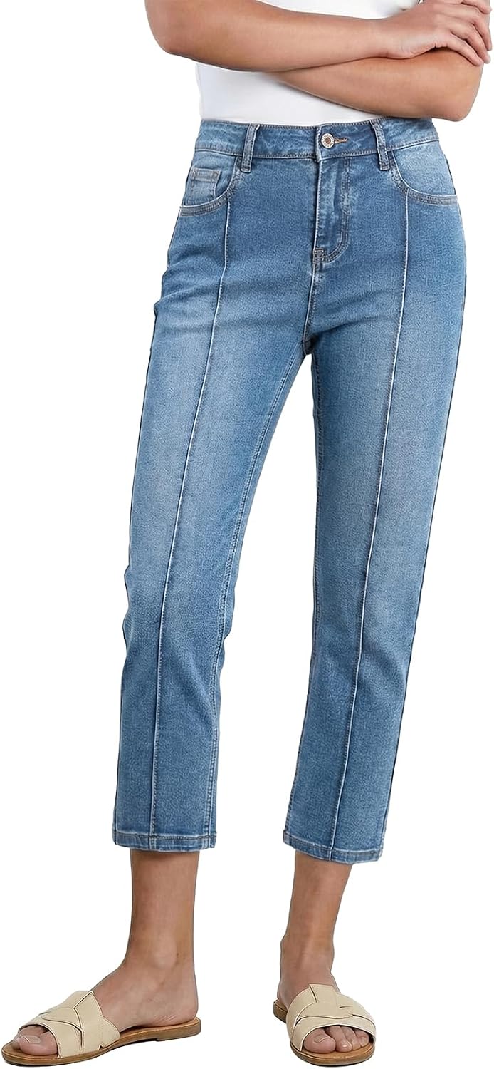 Women's Capri Jeans Mid Rise Skinny Stretchy Front Seam Leggings Denim Pants