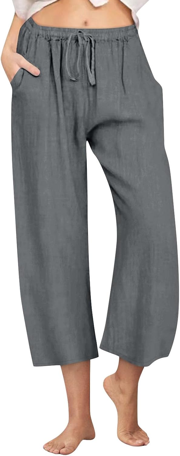 Cropped Linen Pants Women Casual High Waisted Wide Leg Lounge Pant Lightweight Cotton Capris with Pockets