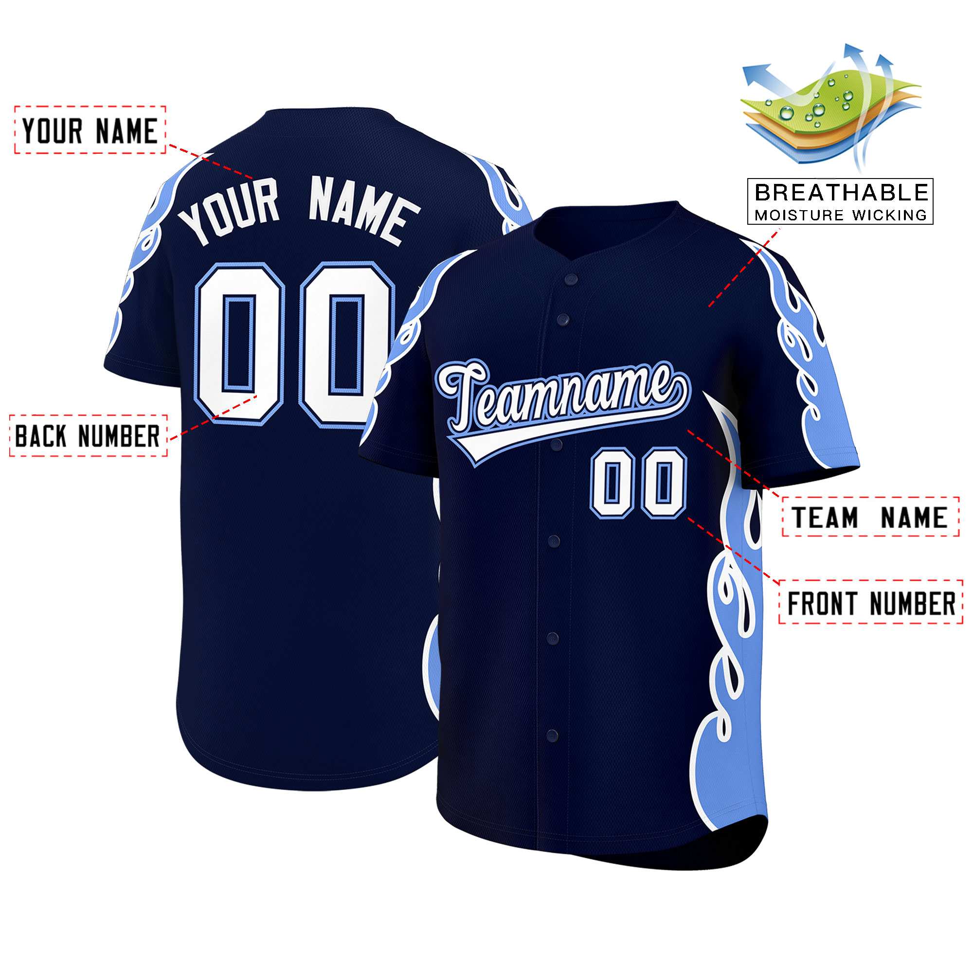 Benutzerdefiniertes Baseball-Trikot mit Seitenflammen-Umrissmuster für Sportuniformen