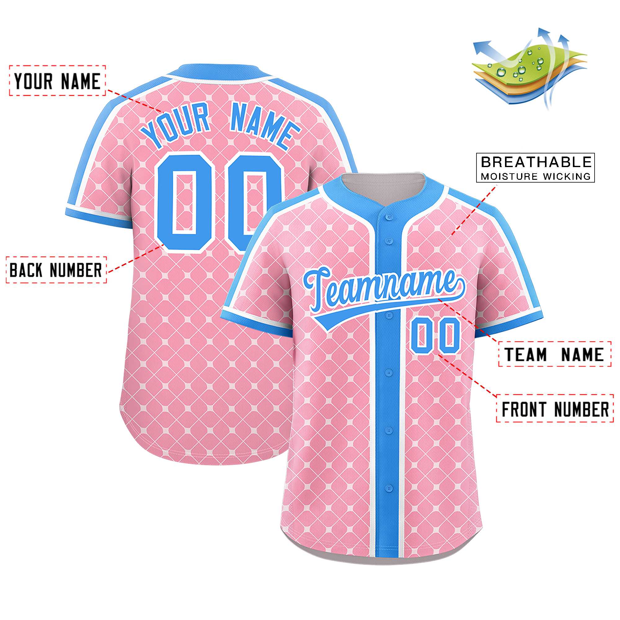 Benutzerdefiniertes hellrosa puderblau-weißes, personalisiertes, authentisches Baseball-Trikot mit kariertem Design