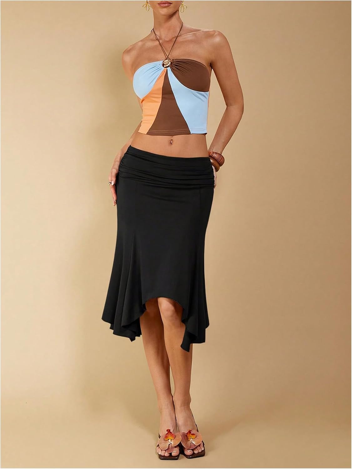 Women's High Low Ruffle Midi Skirt Elastic Black