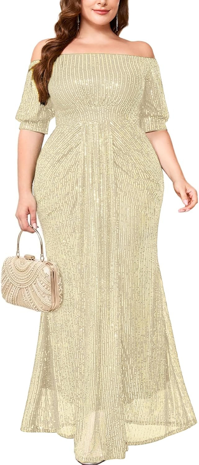 Plus Size Formal Dress Off the Shoulder Sequin Ruched Draped Maxi Evening Gown Cocktail Wedding Prom Gala Party