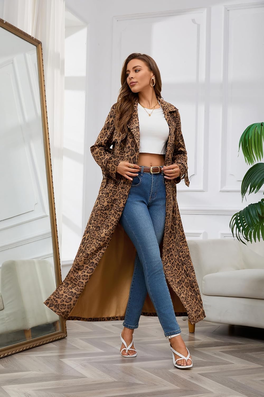 Womens Faux Suede Long Trench Coat Notched Lapel Double Breasted Pea Overcoat with Belt