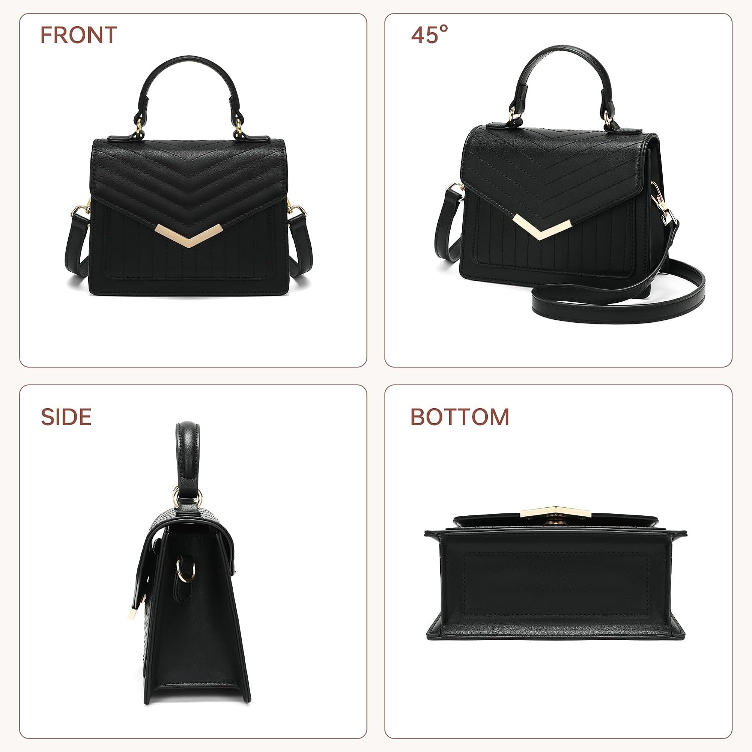 Women's Quilted Vegan Leather Top-Handle Bag, Black Women's Quilted Vegan Leather Top-Handle Bag, Black