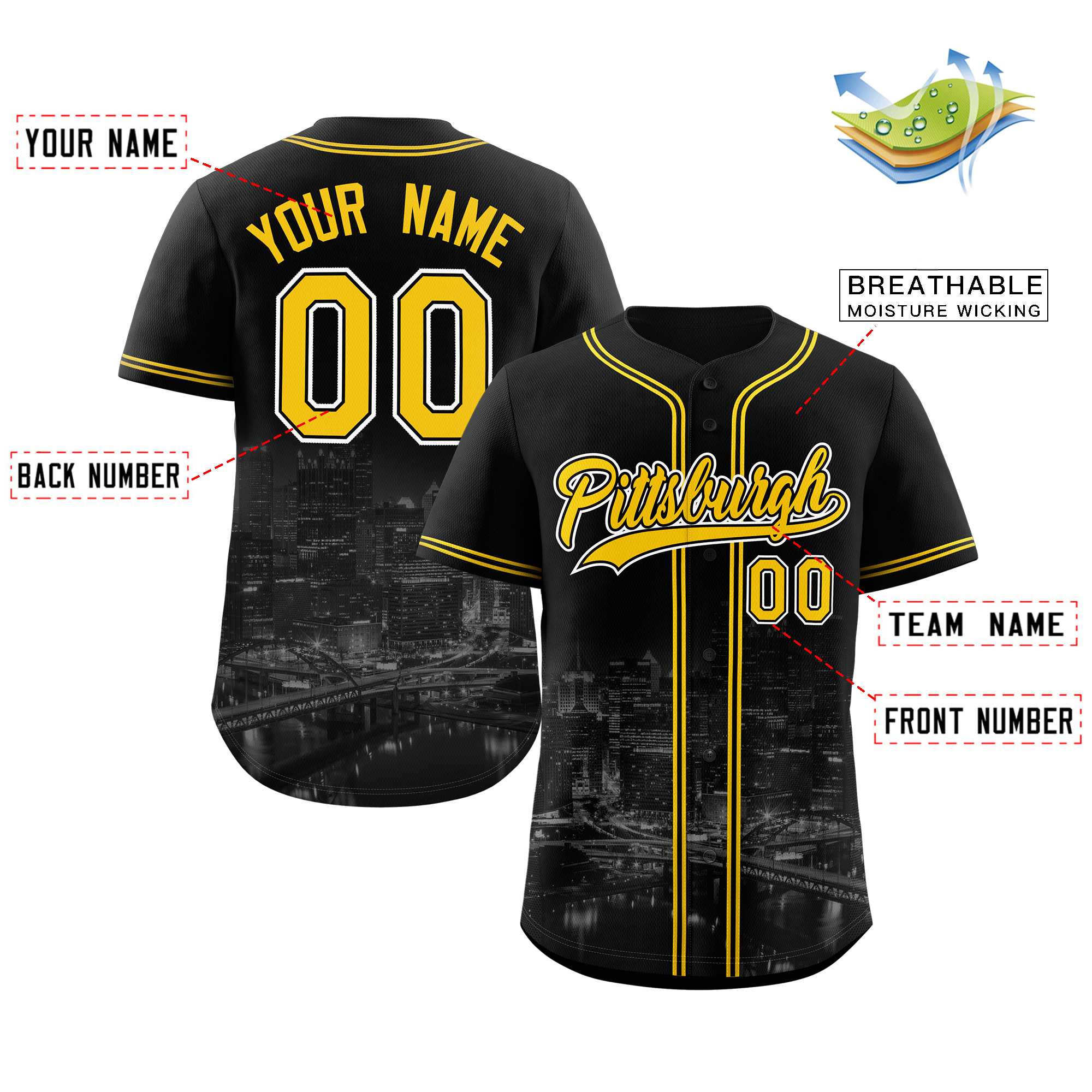 Benutzerdefiniertes Pittsburgh City Skyline Baseball-Trikot Benutzerdefiniertes Pittsburgh City Skyline Baseball-Trikot