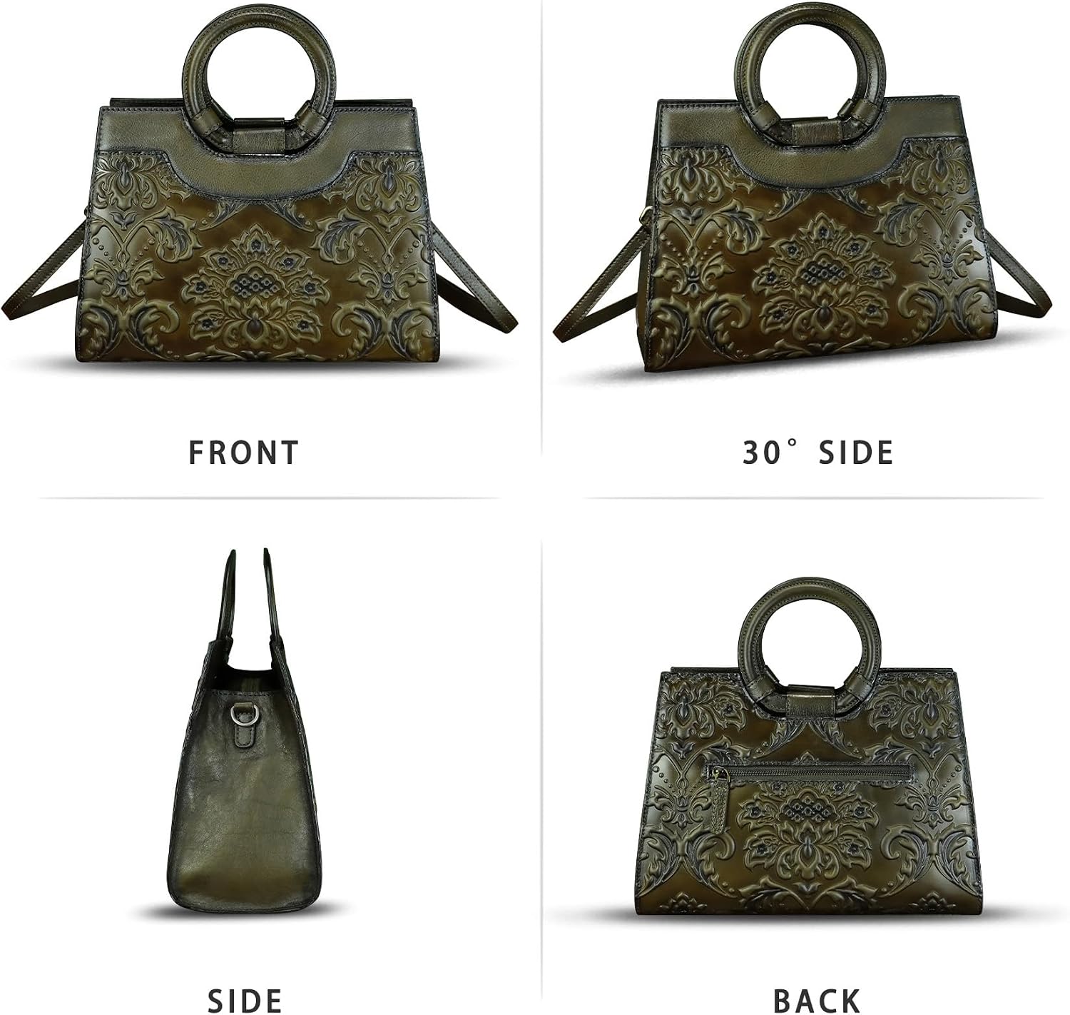 Women's Embossed Floral Leather Top Handle Satchel Olive Women's Embossed Floral Leather Top Handle Satchel Olive