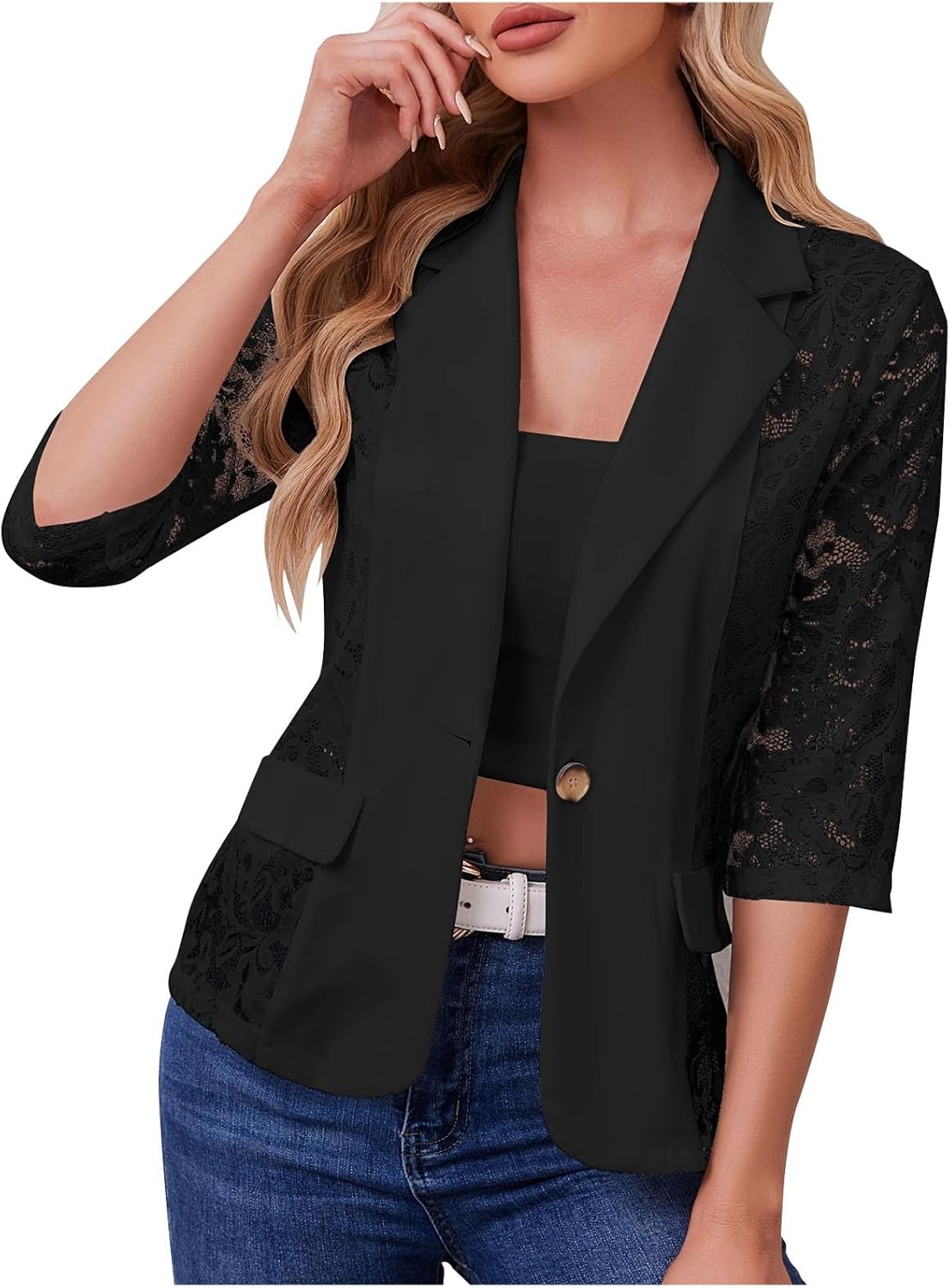Women's Lace Blazer Open Front Button Down Sheer Mesh Blazers Elegant 3 4 Sleeve Notched Lapel Suit Jackets