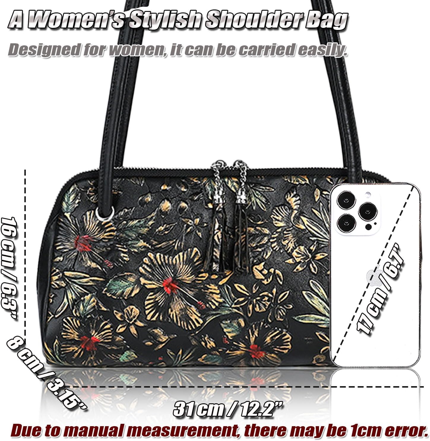 Women's Floral Embossed Cowhide Leather Shoulder Bag Black