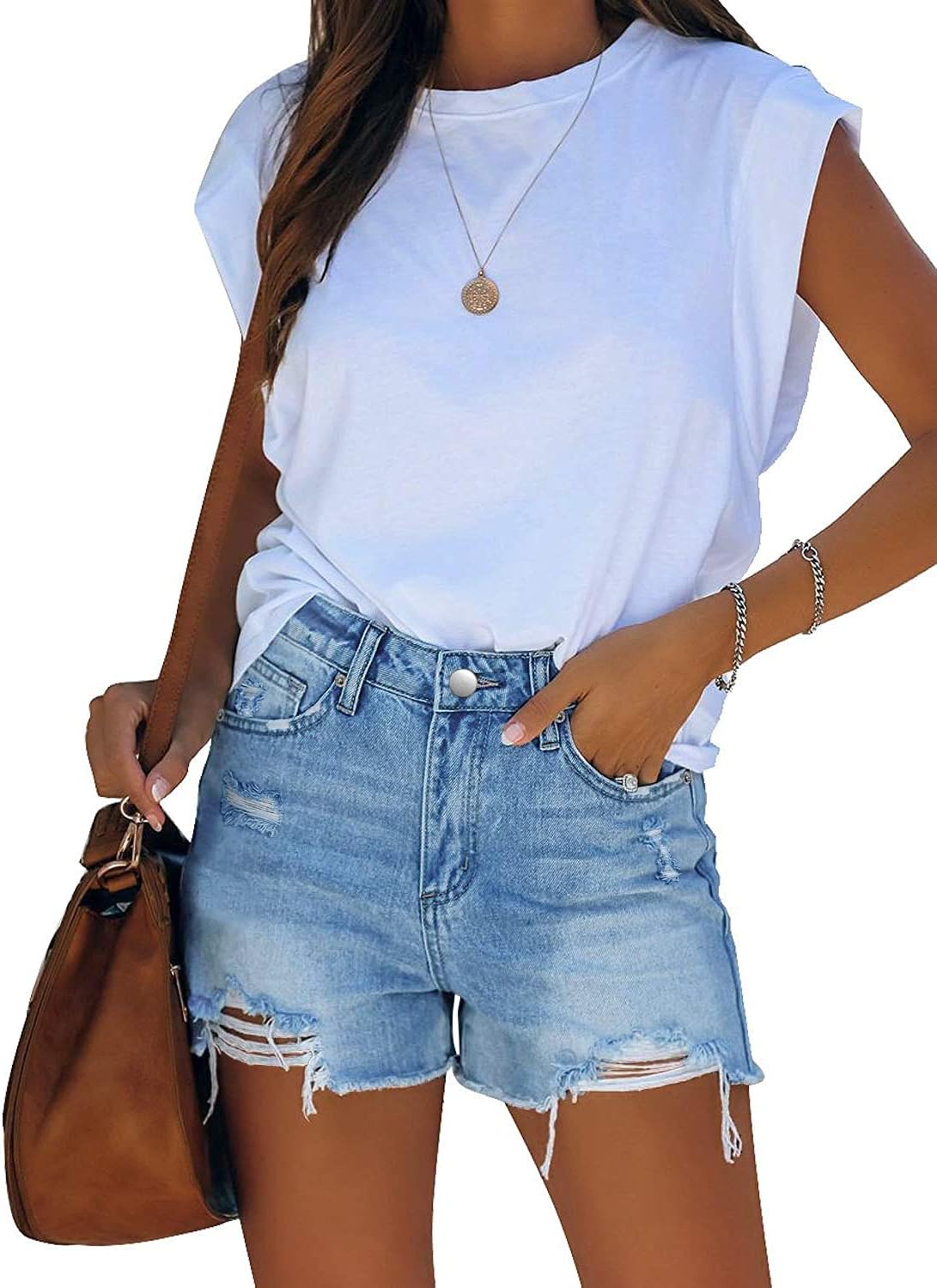 Women's High Waisted Ripped Raw Hem Jean Shorts