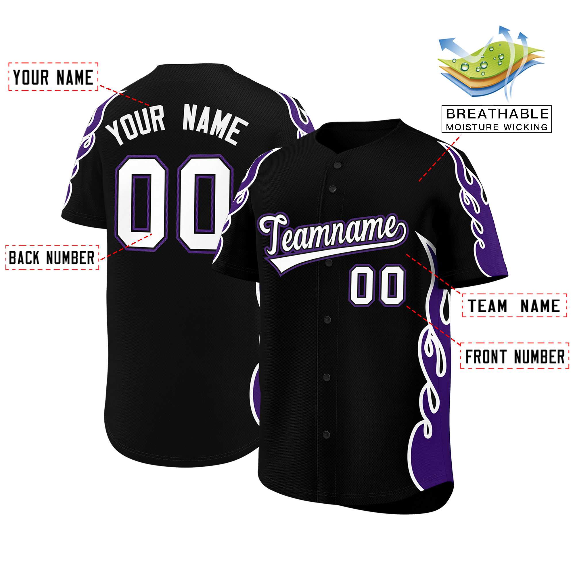 Benutzerdefiniertes Baseball-Trikot mit Seitenflammen-Umrissmuster für Sportuniformen