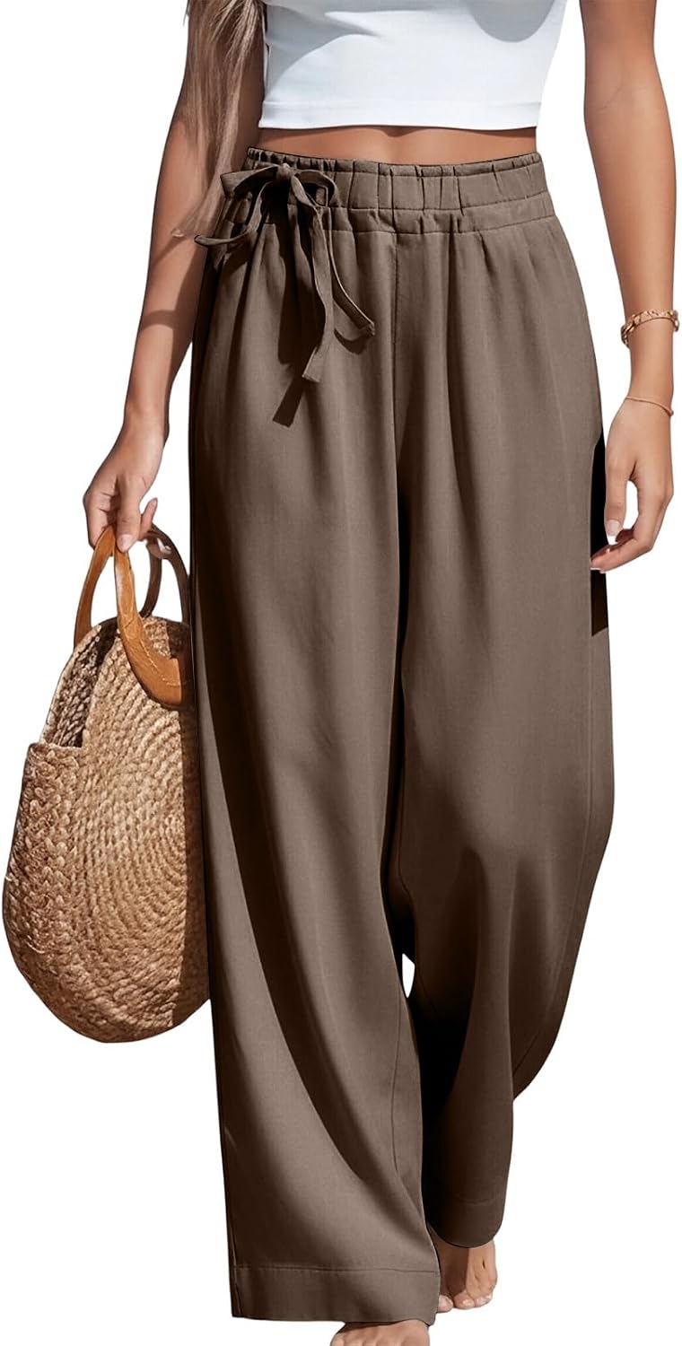 Linen Pants Women High Waisted Flowy Wide Leg Trendy Side Tie Knot Palazzo Pant Beach Vacation Outfits