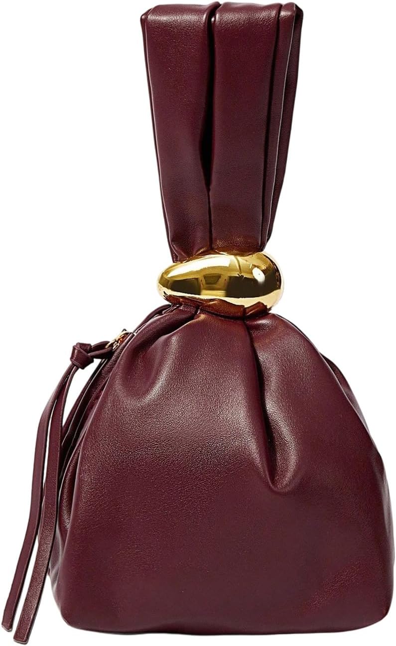 Women's Soft Leather Drawstring Clutch with Gold Clasp Burgundy