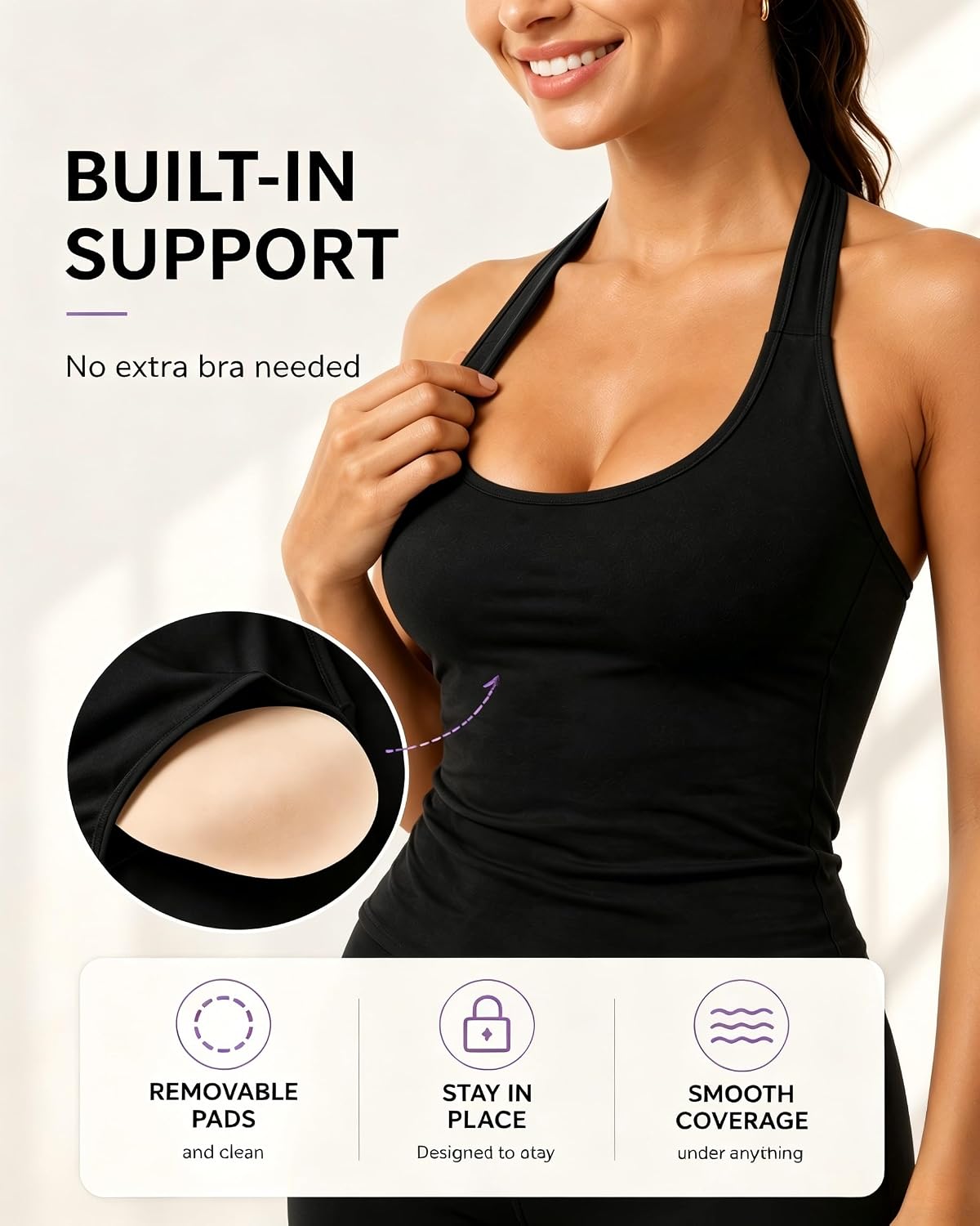 Women's Halter Workout Tank Backless Built in Bra Top