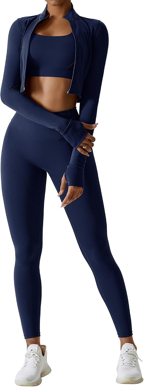 Women's 3 Piece Zip Crop Jacket Bra Leggings Navy