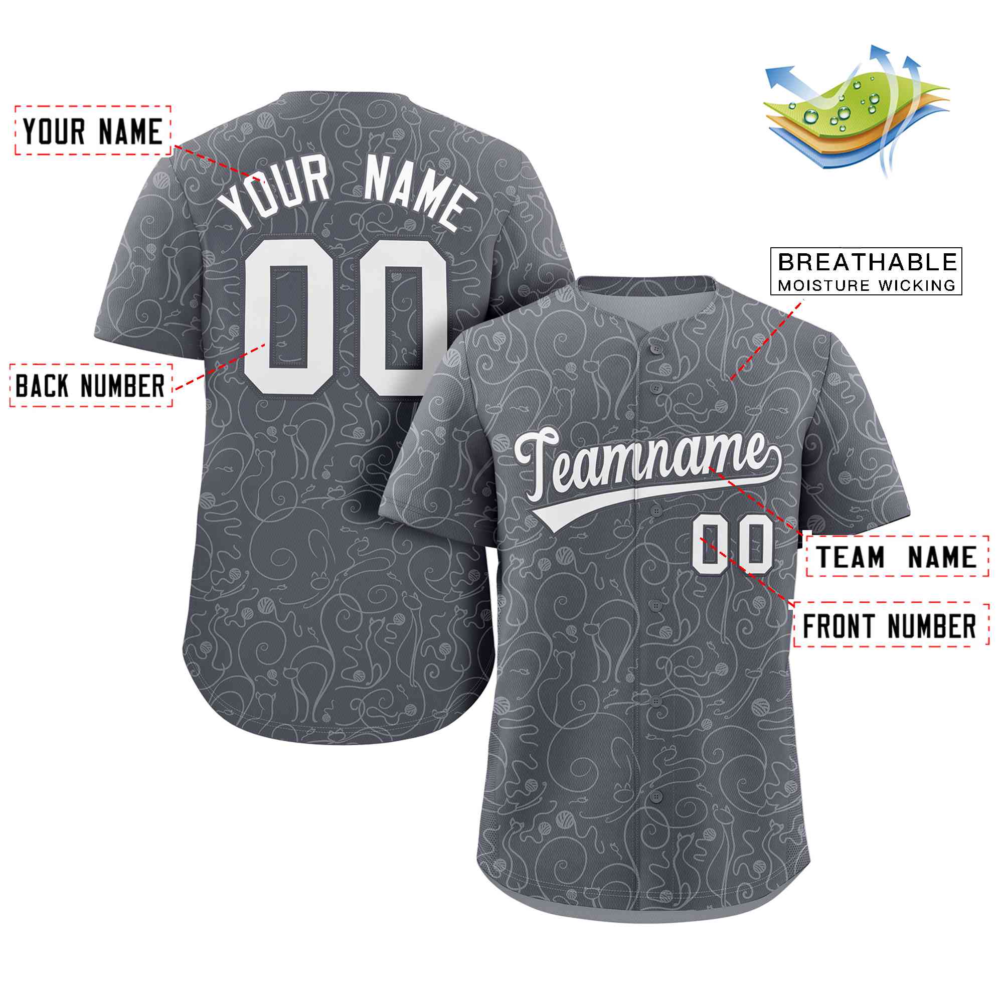 Benutzerdefiniertes, authentisches Baseball-Trikot mit Linienkunst-Graffiti-Musterdesign in Dunkelgrau