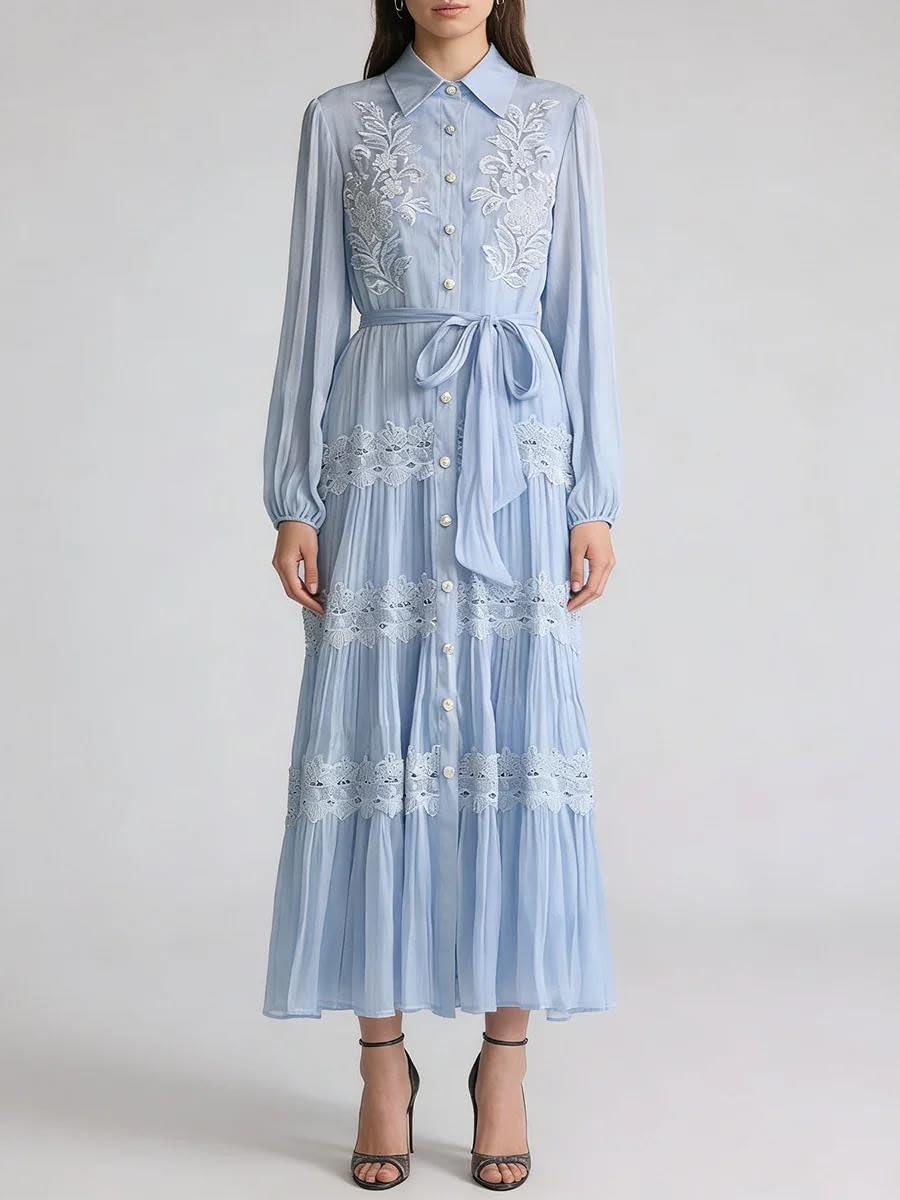 Women's Floral Embroidered Maxi Dress Lapel Long Sleeve Pink