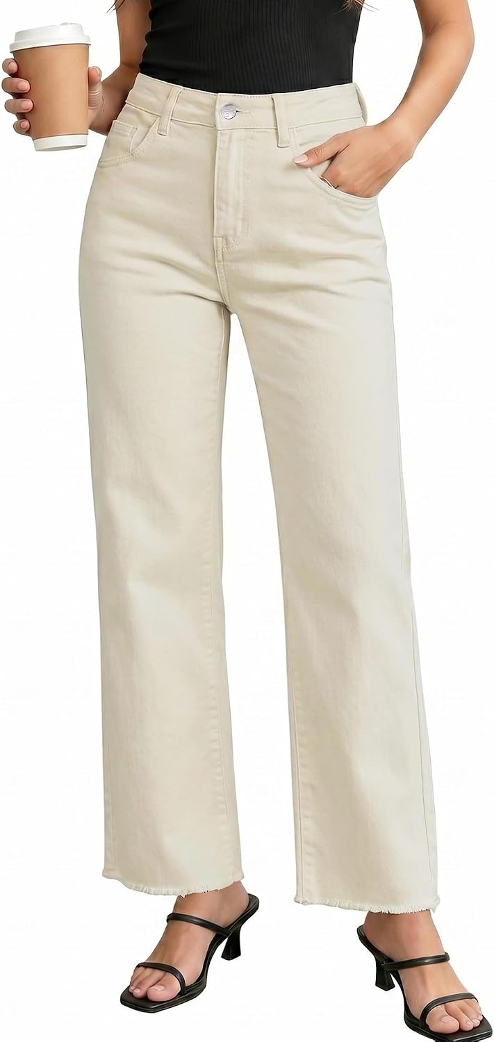 Women's High Waisted Wide Leg Jeans Cream Raw Hem