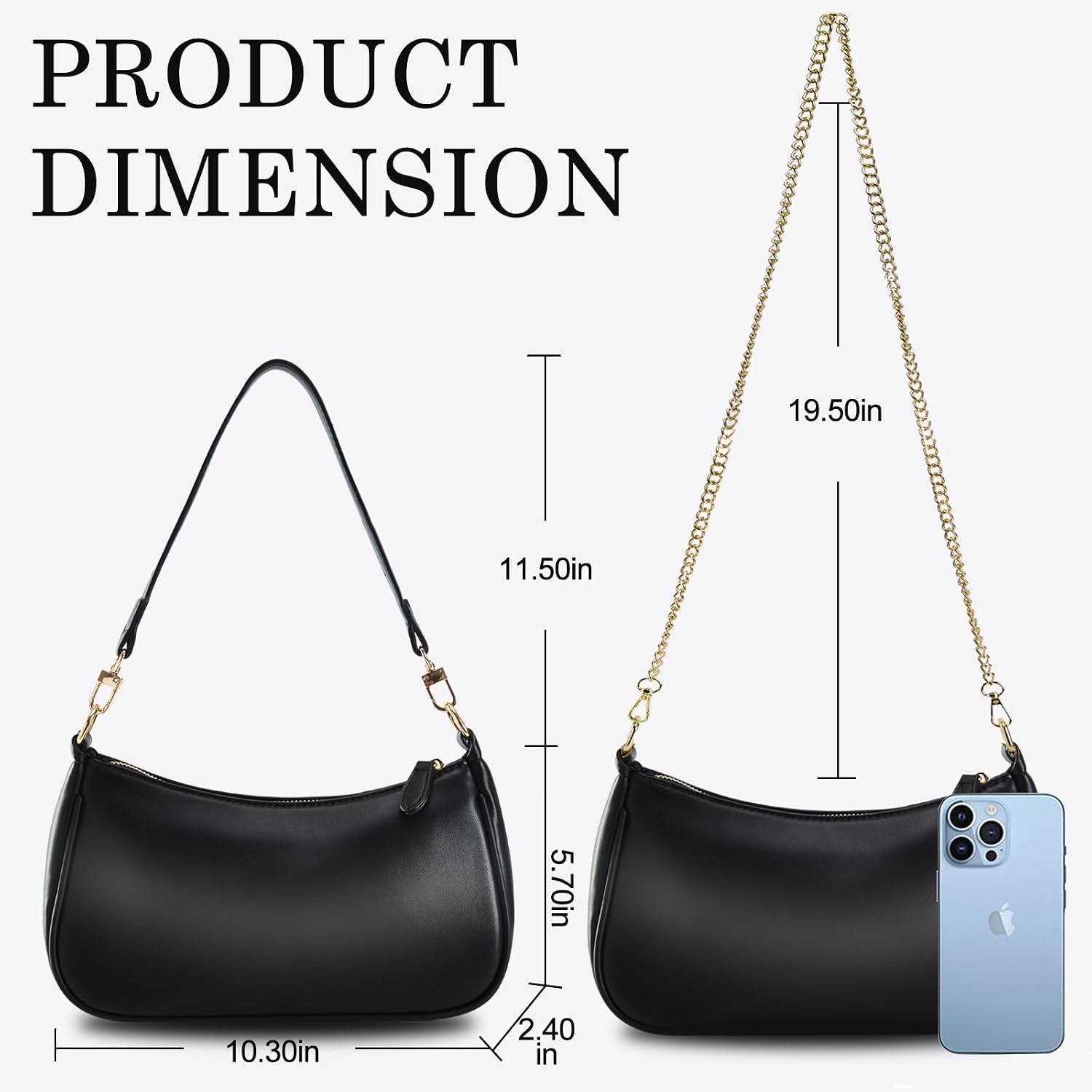 Women's Black PU Crescent Shoulder Bag Chain Accent