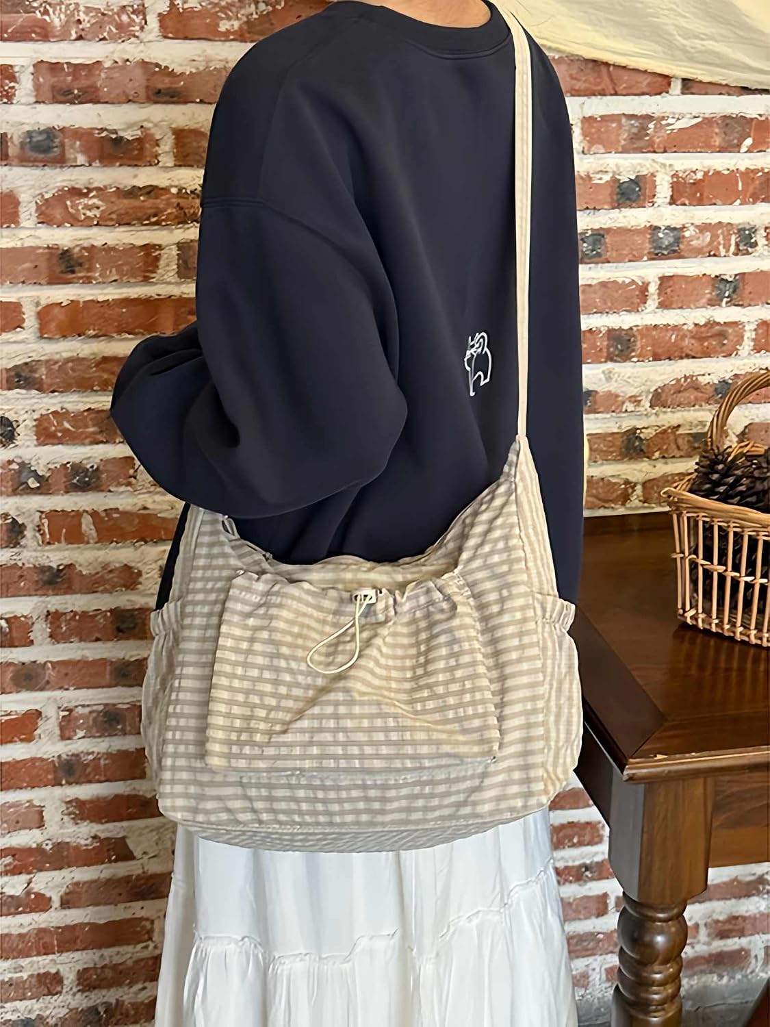 Women's Plaid Nylon Hobo Crossbody Bag with Drawstring Pocket