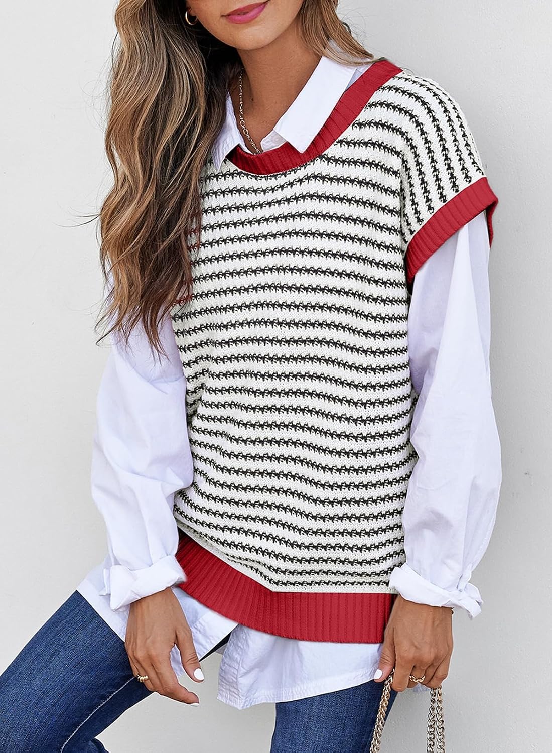 Women's Striped Crew Neck Cap Sleeve Sweater Women's Striped Crew Neck Cap Sleeve Sweater