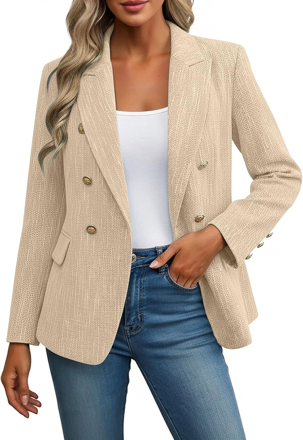Women's Tweed Double Breasted Blazers Business Casual Suit Jackets Women Blazer Jacket Long Sleeve Notch Lapel Button Down Work Office with Pockets