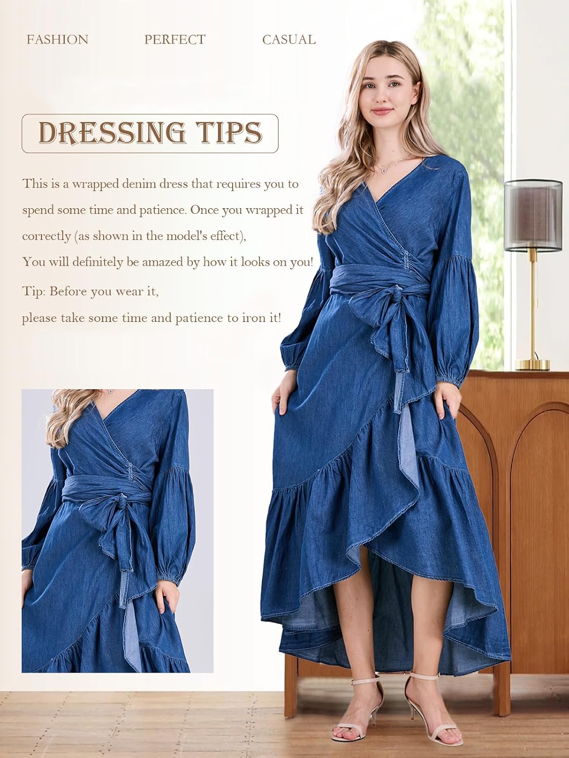 Womens Casual Belted Long Sleeve Denim Dress Wrapped V-Neck Ruffle Hem Maxi Dresses for Women