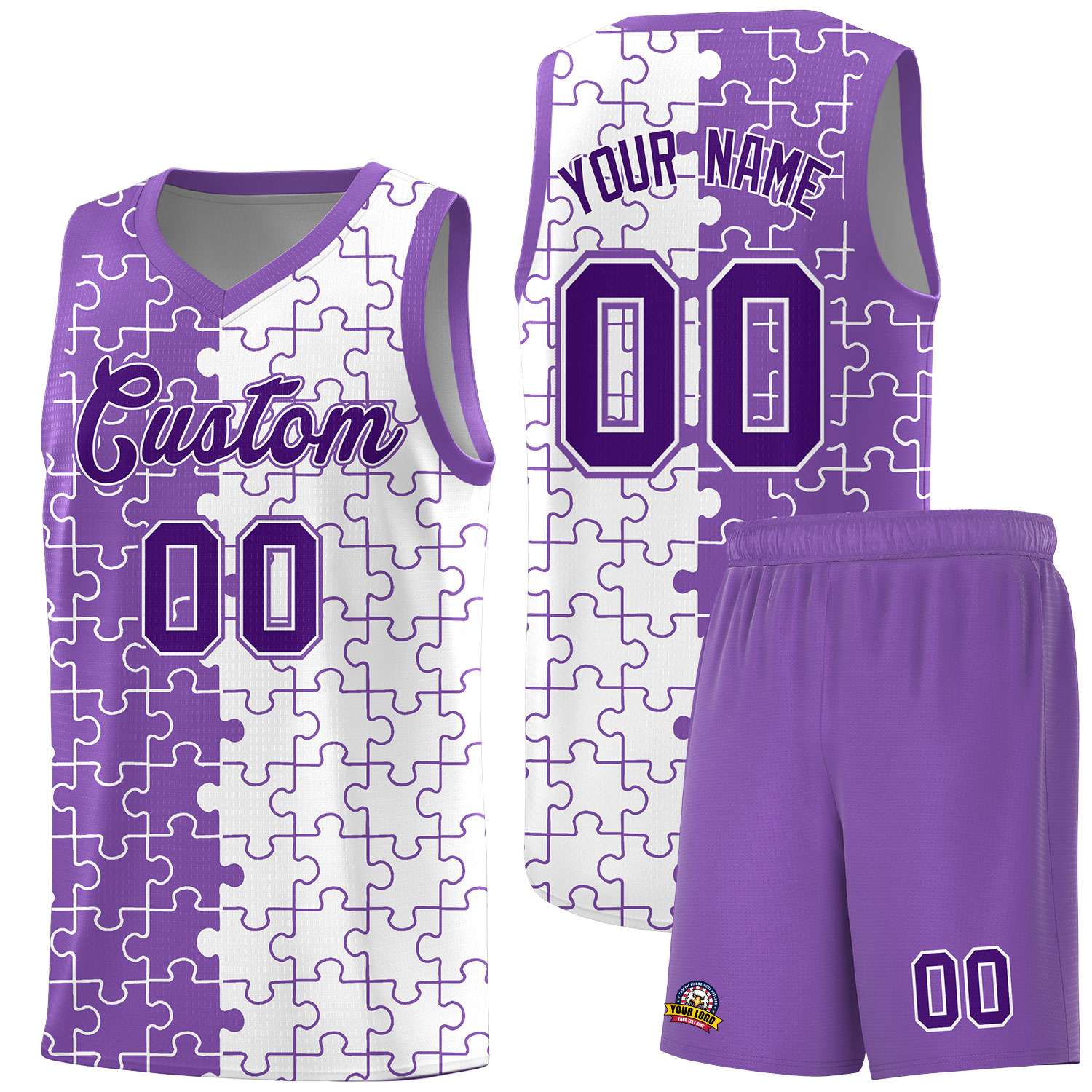 Benutzerdefinierte hellviolette weiße Split-Basketball-Kits mit Puzzle-Muster
