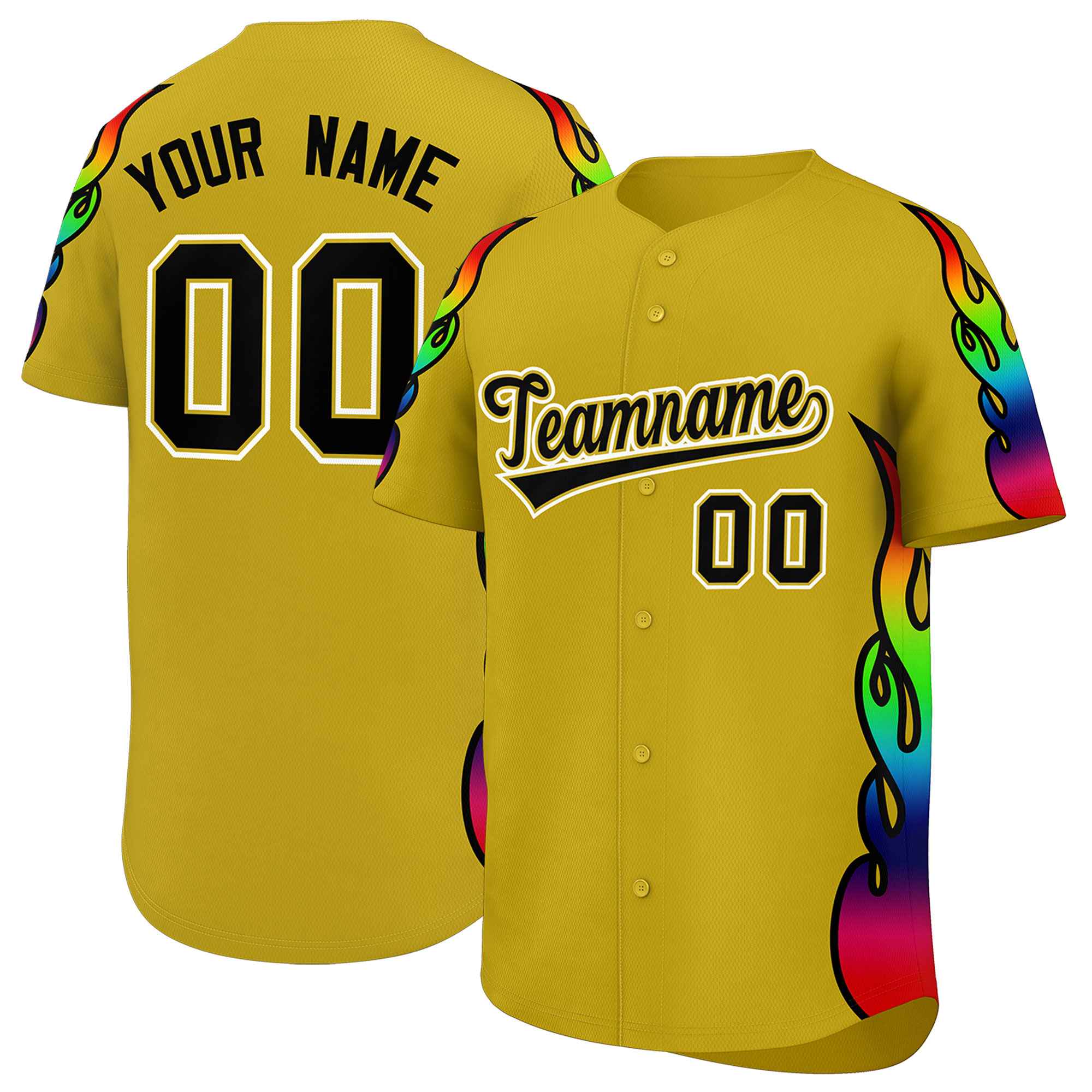 Benutzerdefiniertes Graffiti-Muster, personalisierter mehrfarbiger Flammendruck, authentisches Baseball-Trikot