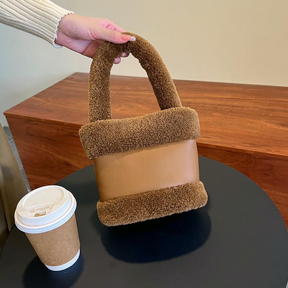 Women's Plush Teddy Top-Handle Bucket Bag, Brown Women's Plush Teddy Top-Handle Bucket Bag, Brown
