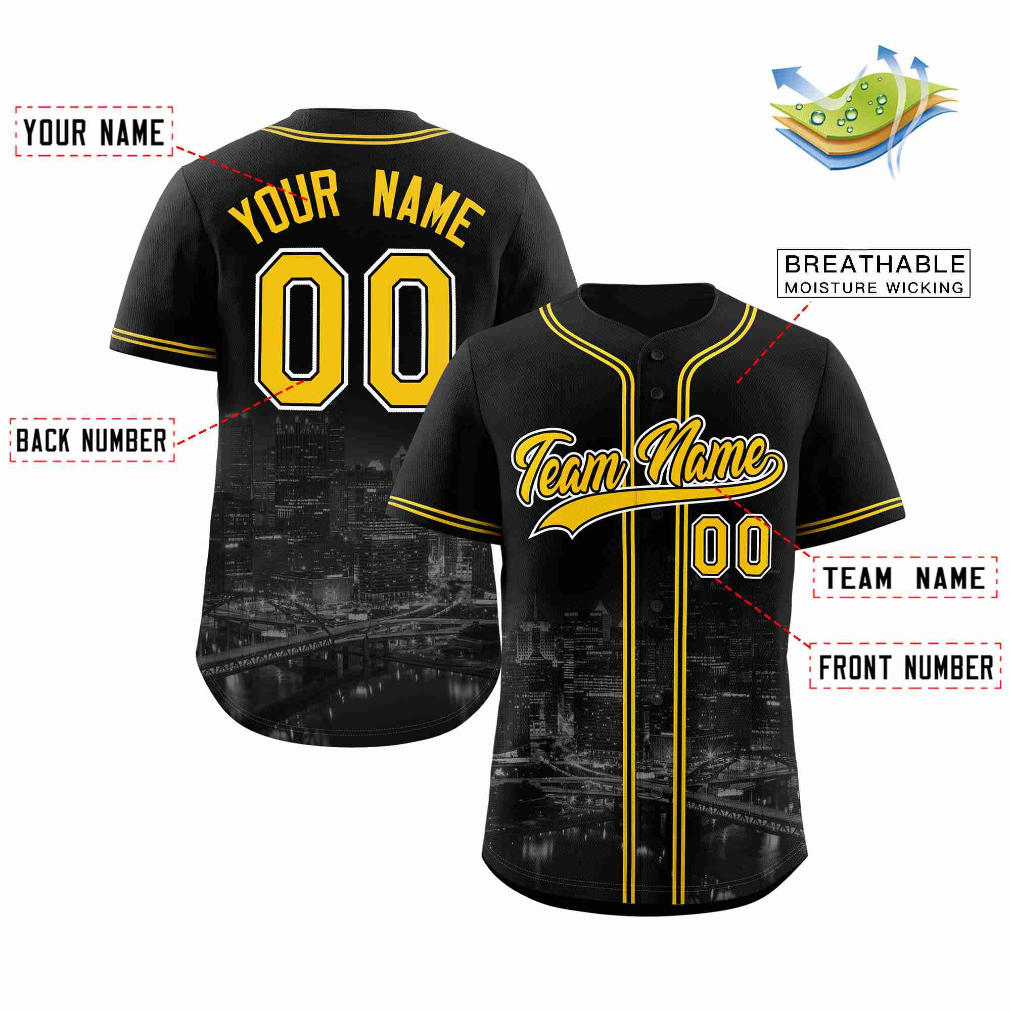 Benutzerdefiniertes Pittsburgh City Skyline Baseball-Trikot Benutzerdefiniertes Pittsburgh City Skyline Baseball-Trikot