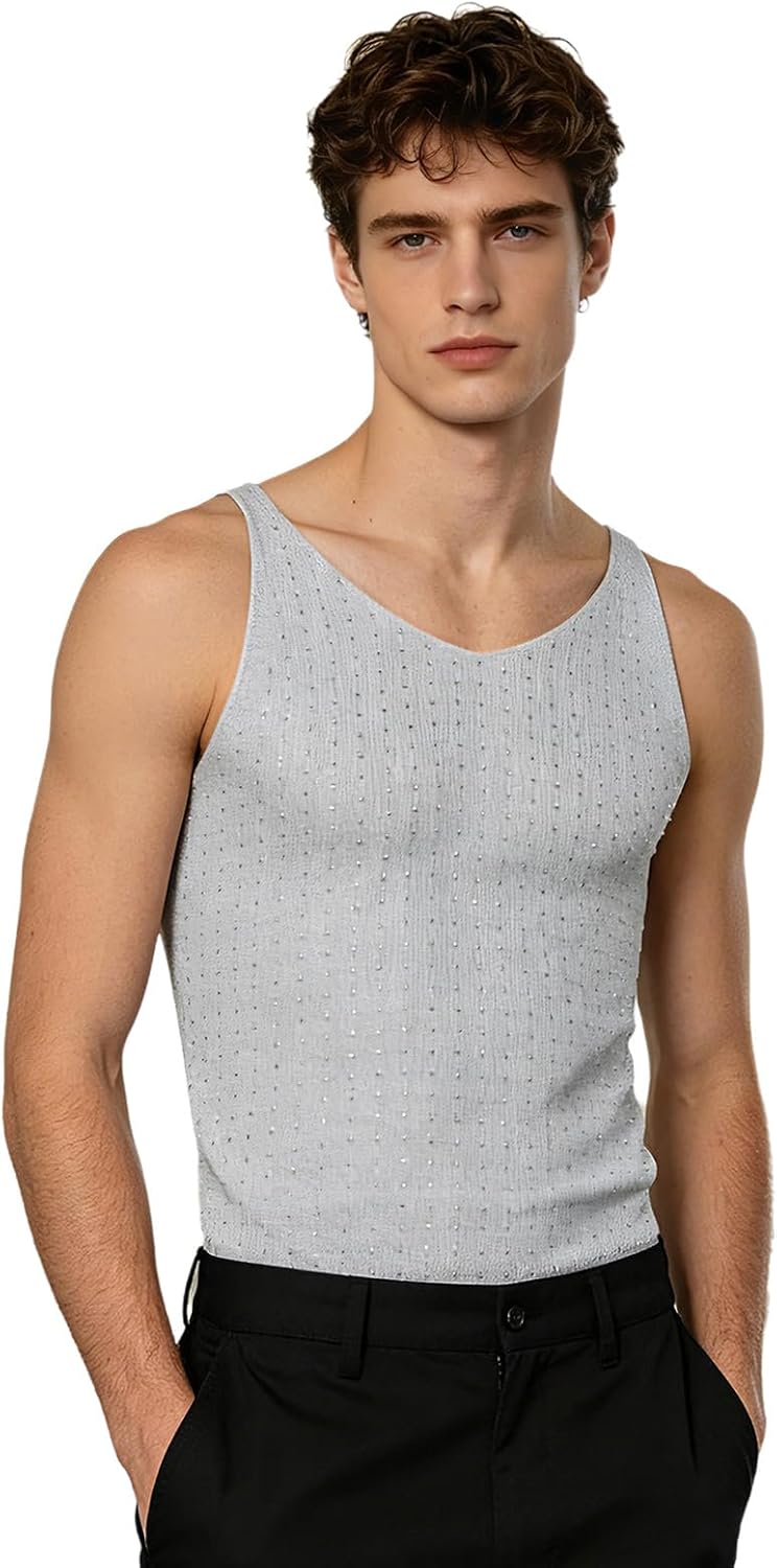 Men's Rhinestone V Neck Tank Top Silver Grey