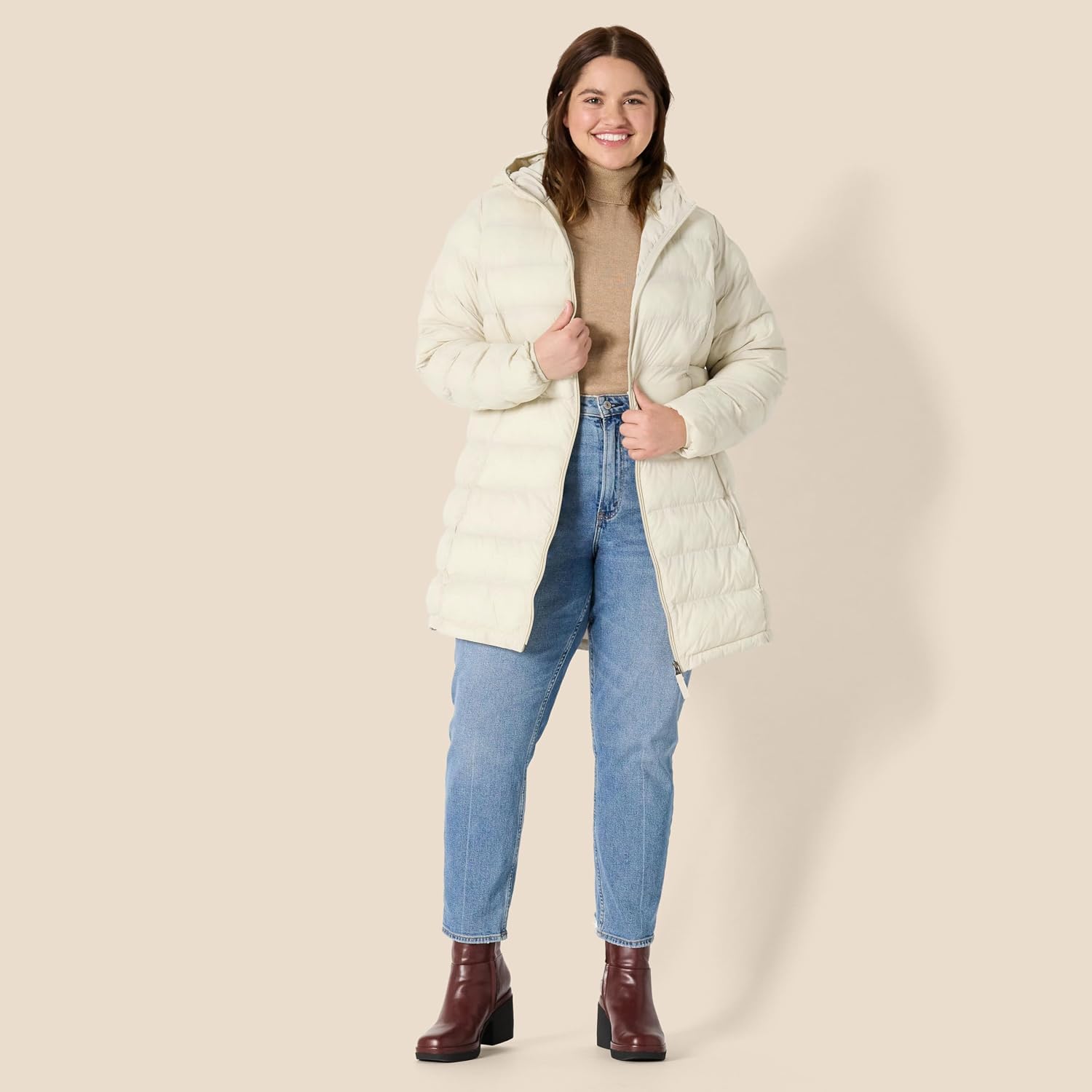 Women's Long Hooded Puffer Coat Lightweight Cream
