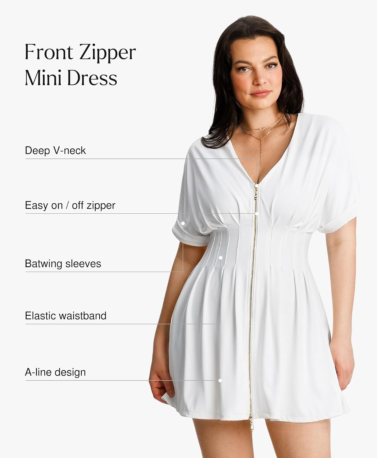 Casual Dresses for Women Short Sleeve Pleated A-Line Mini Dress with Shapewear V Neck Zip Front Two-Piece Set
