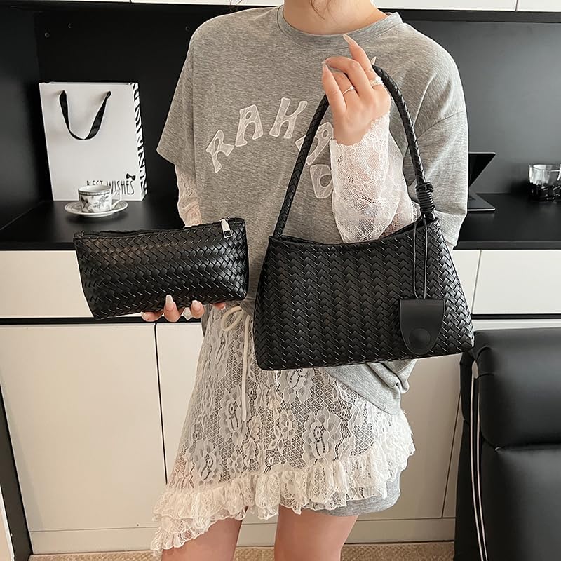 Women's Woven Faux Leather Hobo Tote Bag Black Women's Woven Faux Leather Hobo Tote Bag Black