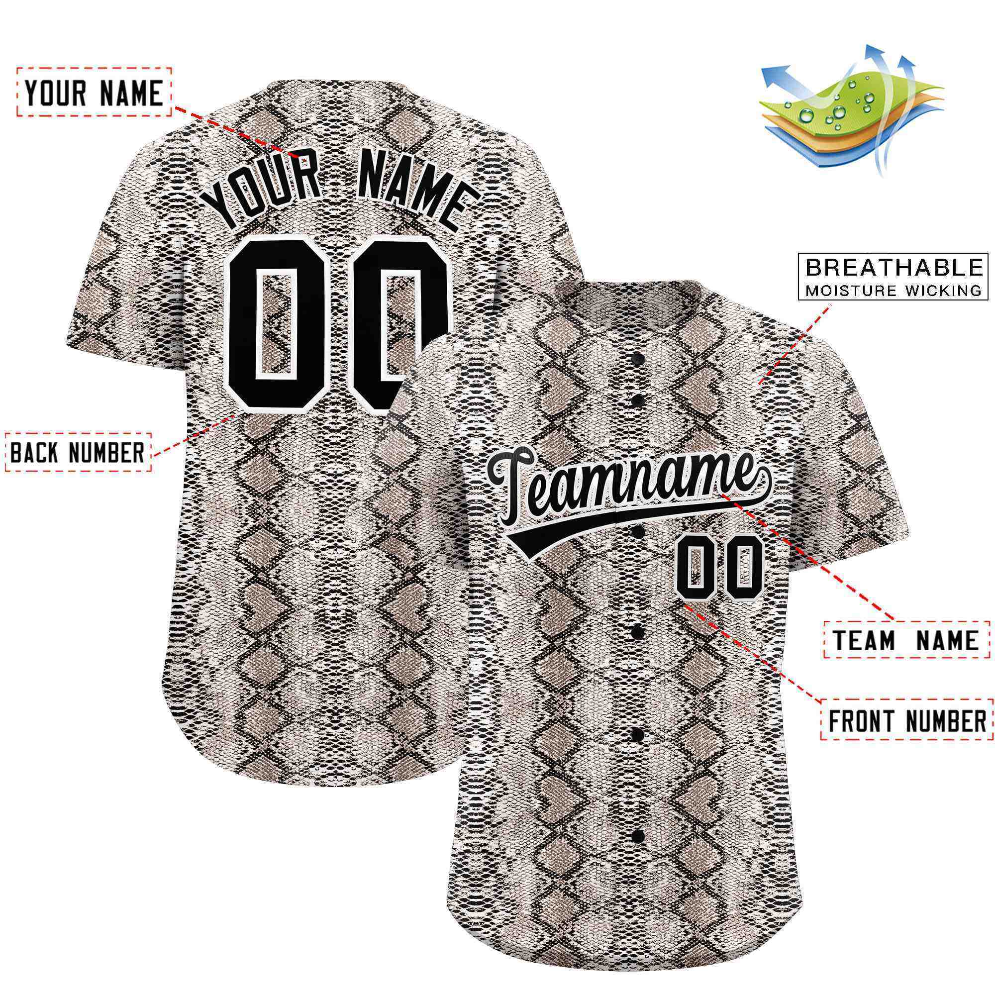 Benutzerdefiniertes authentisches Baseball-Trikot mit mehrfarbigem Schlangenledermuster