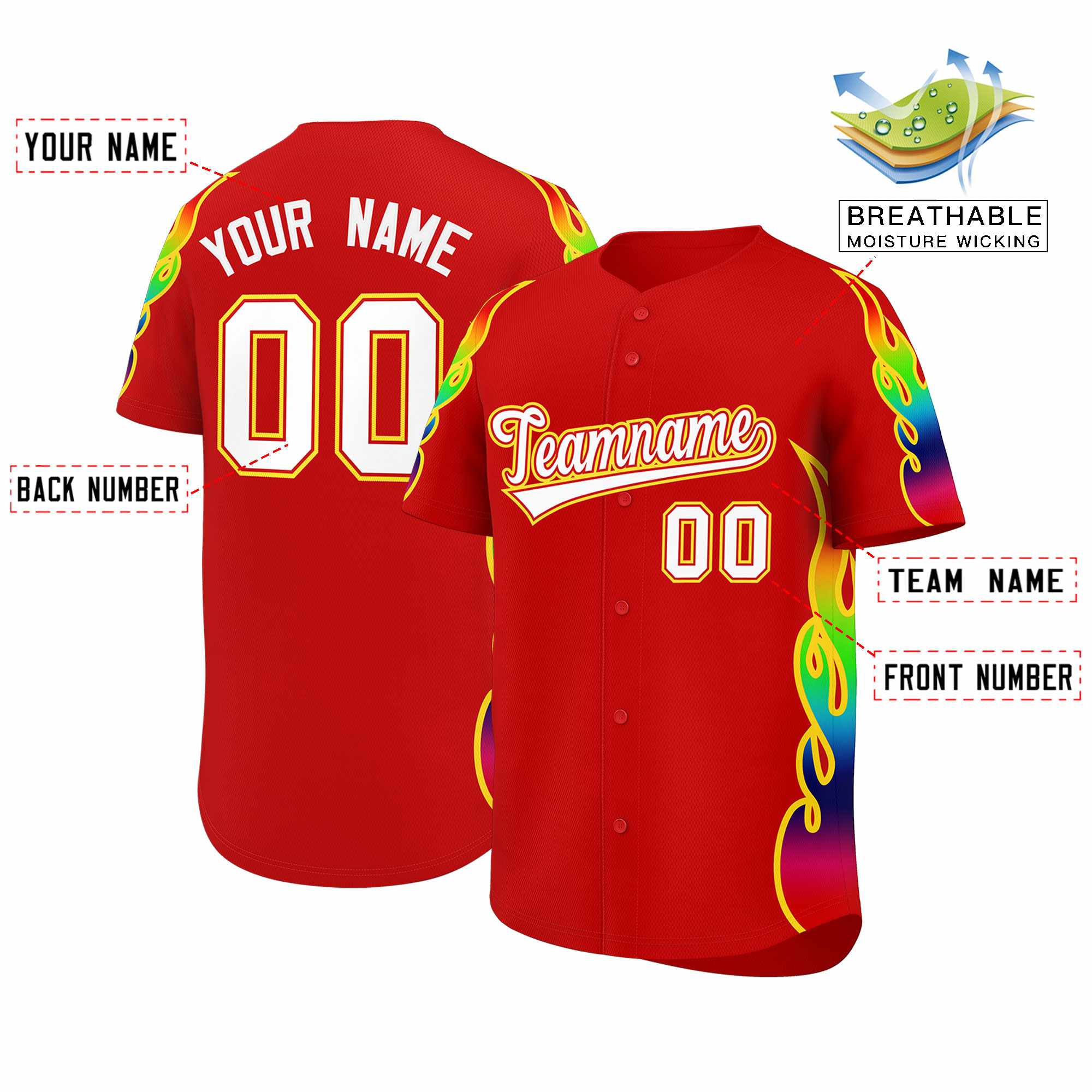 Benutzerdefiniertes Graffiti-Muster, personalisierter mehrfarbiger Flammendruck, authentisches Baseball-Trikot