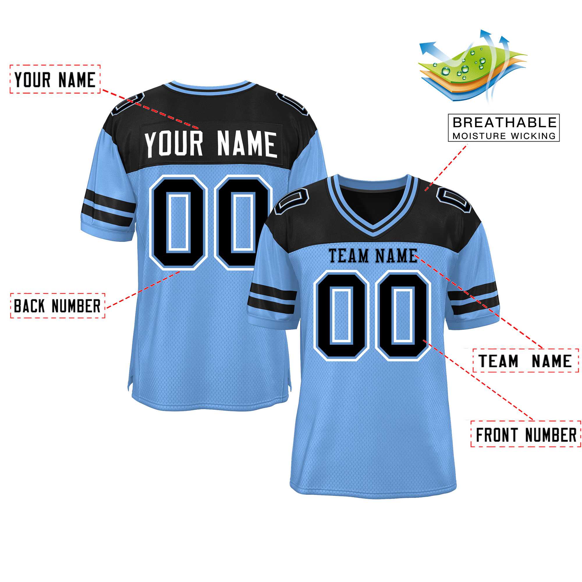 Benutzerdefiniertes authentisches Fußballtrikot in Hellblau und Schwarz mit personalisiertem Farbblock