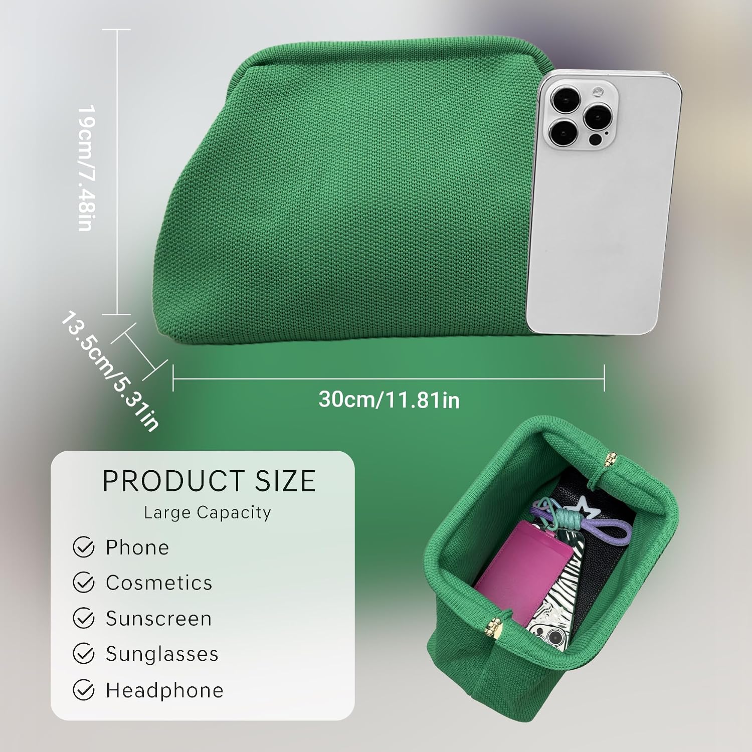 Women's Crochet Clutch Purse Knit Wide Mouth Pouch Green Women's Crochet Clutch Purse Knit Wide Mouth Pouch Green