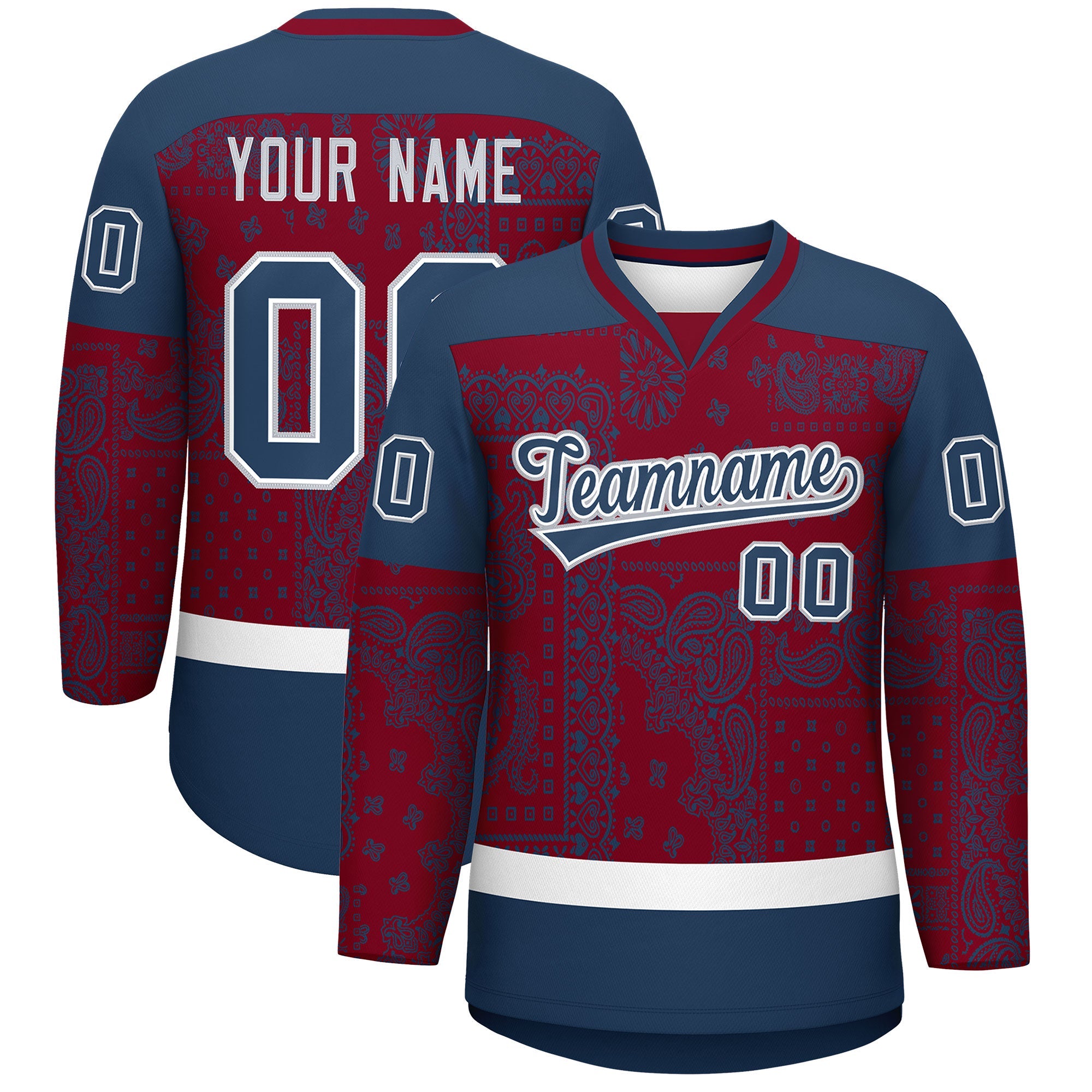 Custom Midnight Blue Crimson White Cashew Flower Graffiti Pattern V-Neck Hockey Jersey