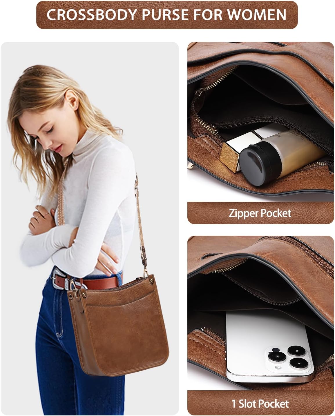 Women's Vegan Leather Hobo Bag Set 3 Pieces Brown Women's Vegan Leather Hobo Bag Set 3 Pieces Brown